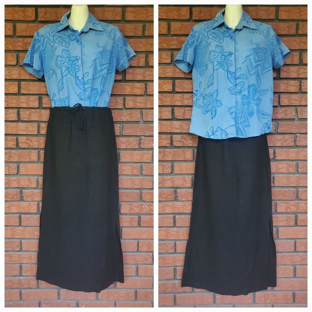 Vintage Pencil Skirt Sz 4 Black Linen Blend 30x36 Long Slit Lagenlook Minimalist